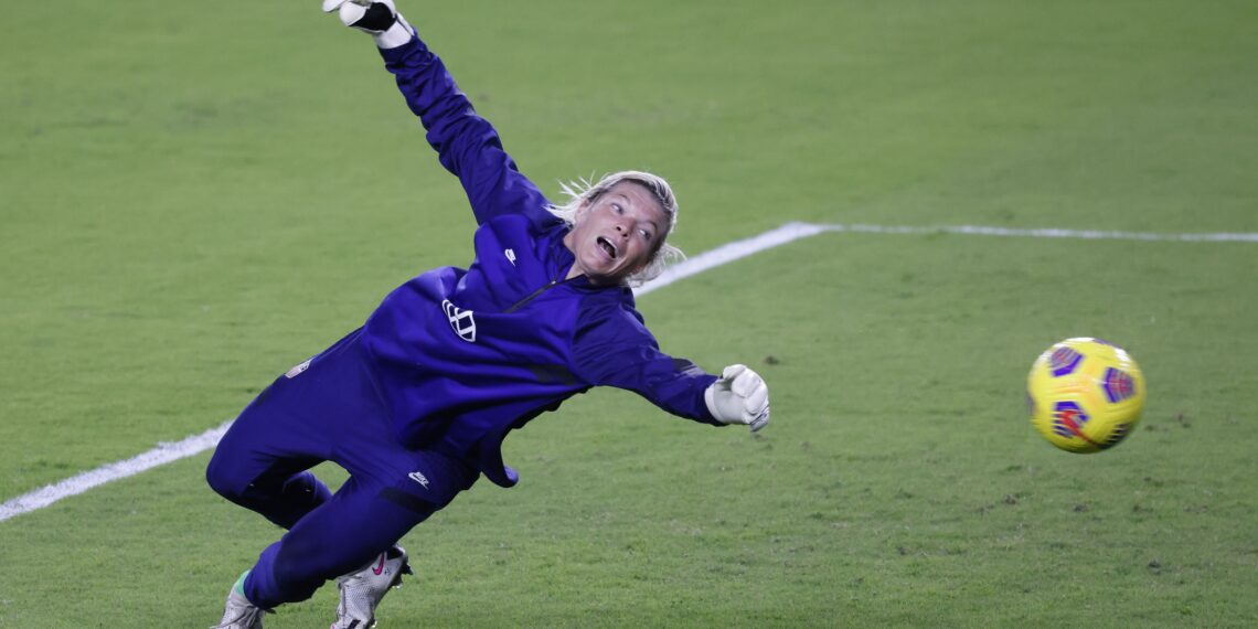 Jan 18, 2021; Orlando, Florida, USA; the United States goalkeeper Jane Campbell (24) misses making a save during pre match warmups against Colombia at Exploria Stadium. Mandatory Credit: Reinhold Matay-USA TODAY Sports