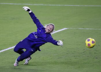 Jan 18, 2021; Orlando, Florida, USA; the United States goalkeeper Jane Campbell (24) misses making a save during pre match warmups against Colombia at Exploria Stadium. Mandatory Credit: Reinhold Matay-USA TODAY Sports