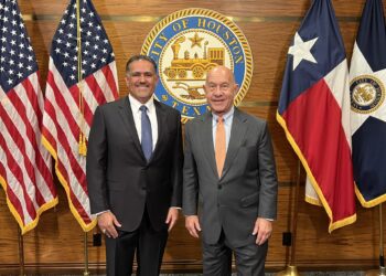 Harris County – Houston Sports Authority Chairman Juan Garcia (left) and Mayor John Whitmire.