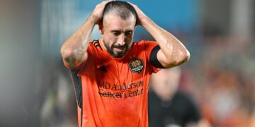 Nov 3, 2024; Houston, Texas, USA; Houston Dynamo FC midfielder Hector Herrera (16) reacts after the in the first half against the Seattle Sounders FC in a 2024 MLS Cup Playoffs Round One match at Shell Energy Stadium. Mandatory Credit: Maria Lysaker-Imagn Images