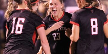 Texas Tech's Macy Blackburn celebrates her goal connection with Taylor Zdrojewski against LSU the first round of the NCAA women's soccer tournament, Friday, Nov. 15, 2024, at John Walker Soccer Complex.