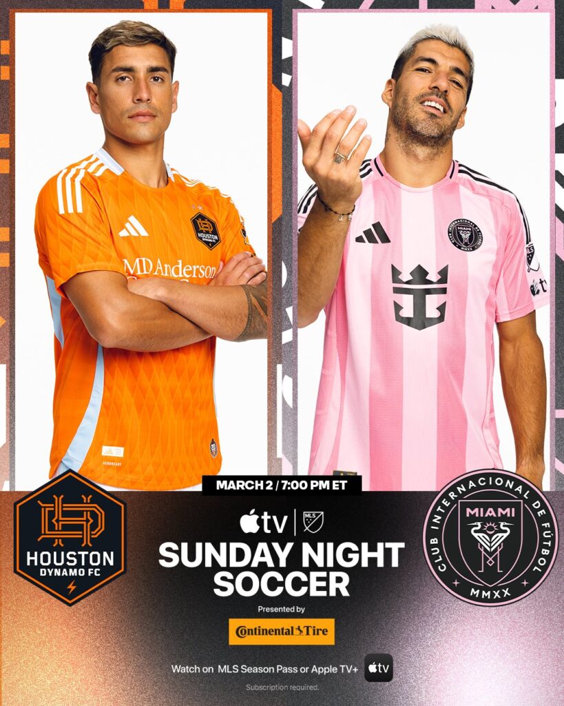 El delantero del Houston Dynamo Ezequiel Ponce y el delantero del Inter Miami CF Luis Suárez aparecen en este material promocional de la MLS.