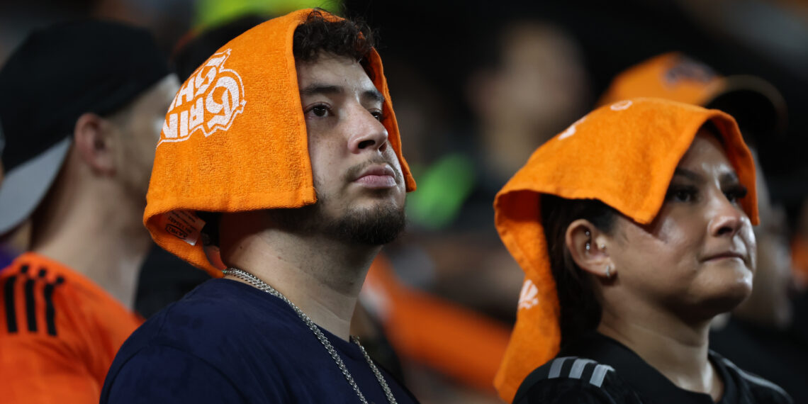 Nov 3, 2024; Houston, Texas, USA; Houston Dynamo FC fans reacts in the second half against the Seattle Sounders FC in a 2024 MLS Cup Playoffs Round One match at Shell Energy Stadium. Mandatory Credit: Thomas Shea-Imagn Images