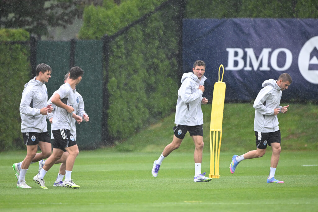 Aug 15, 2025; Vancouver, British Columbia, CAN; Vancouver Whitecaps FC midfielder Thomas Muller (13) practices during for the first training session with the team at National Soccer Development Centre at the University of British Columbia. Mandatory Credit: Anne-Marie Sorvin-Imagn Images