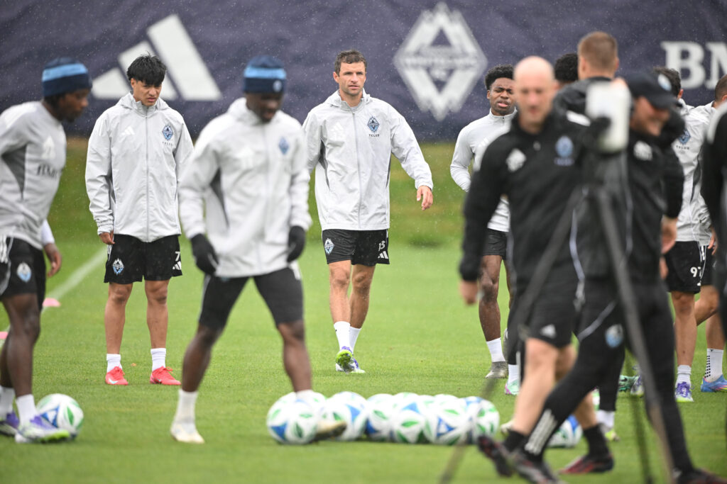 Aug 15, 2025; Vancouver, British Columbia, CAN; Vancouver Whitecaps FC midfielder Thomas Muller (13) practices during for the first training session with the team at National Soccer Development Centre at the University of British Columbia. Mandatory Credit: Anne-Marie Sorvin-Imagn Images