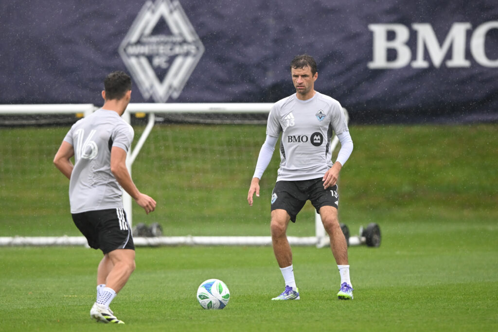 Aug 15, 2025; Vancouver, British Columbia, CAN; Vancouver Whitecaps FC midfielder Thomas Muller (13) practices during for the first training session with the team at National Soccer Development Centre at the University of British Columbia. Mandatory Credit: Anne-Marie Sorvin-Imagn Images