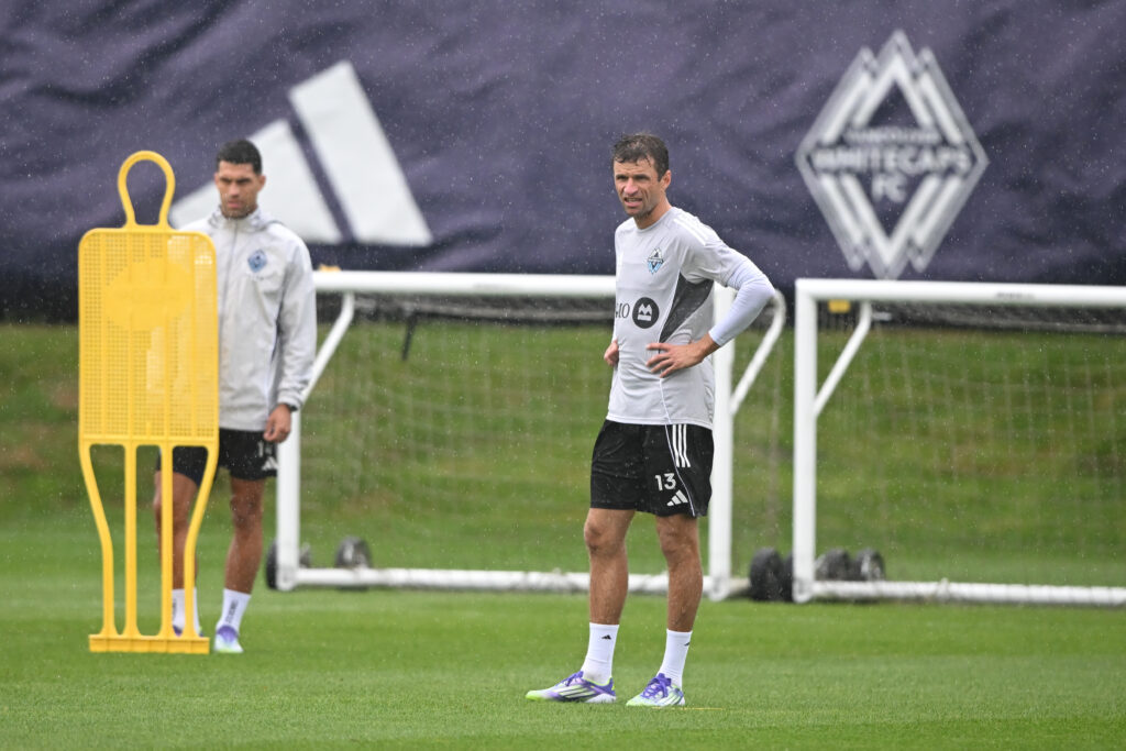 Aug 15, 2025; Vancouver, British Columbia, CAN; Vancouver Whitecaps FC midfielder Thomas Muller (13) practices during for the first training session with the team at National Soccer Development Centre at the University of British Columbia. Mandatory Credit: Anne-Marie Sorvin-Imagn Images