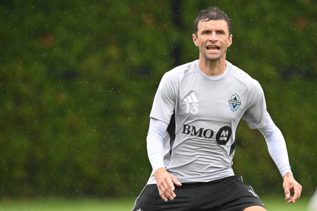 Aug 15, 2025; Vancouver, British Columbia, CAN; Vancouver Whitecaps FC midfielder Thomas Muller (13) practices during for the first training session with the team at National Soccer Development Centre at the University of British Columbia. Mandatory Credit: Anne-Marie Sorvin-Imagn Images