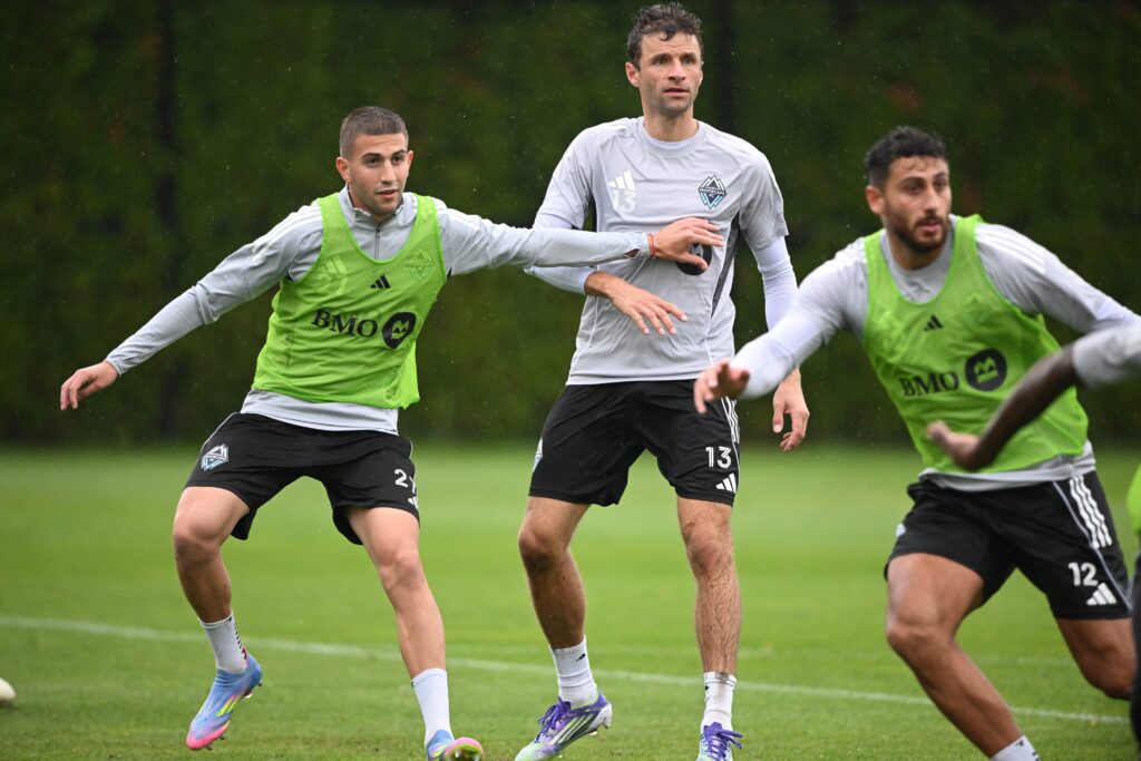 Aug 15, 2025; Vancouver, British Columbia, CAN; Vancouver Whitecaps FC midfielder Thomas Muller (13) practices during for the first training session with the team at National Soccer Development Centre at the University of British Columbia. Mandatory Credit: Anne-Marie Sorvin-Imagn Images