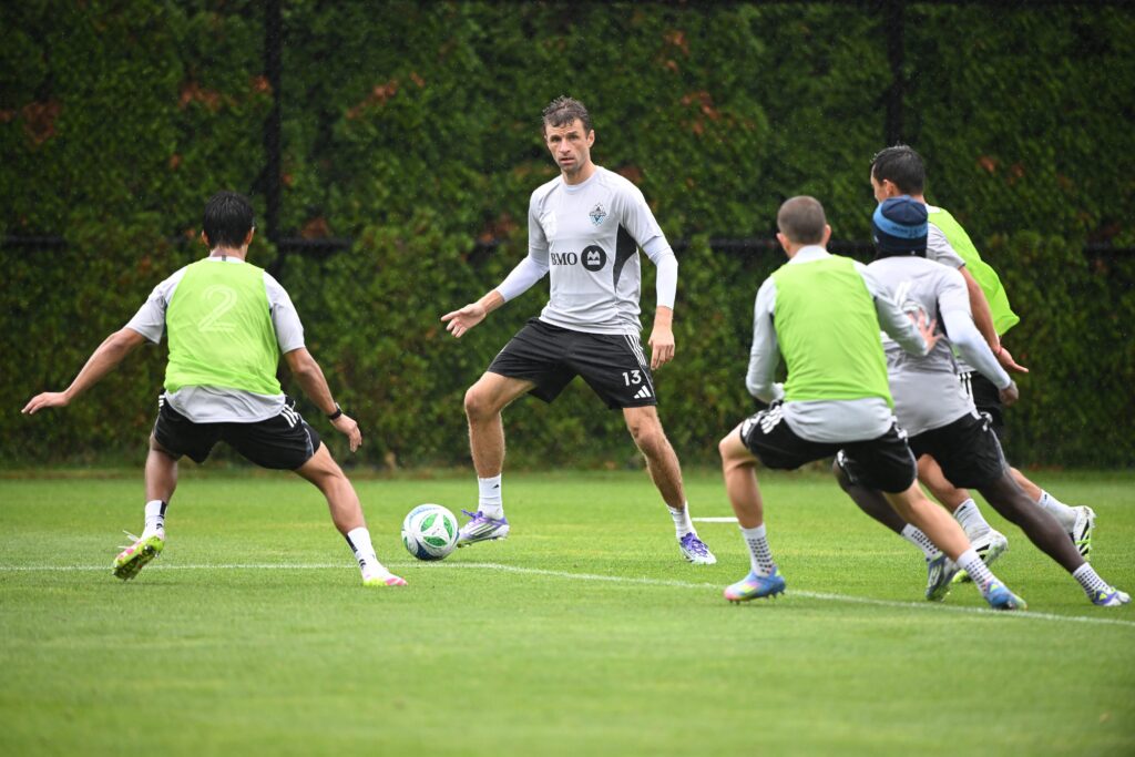 Aug 15, 2025; Vancouver, British Columbia, CAN; Vancouver Whitecaps FC midfielder Thomas Muller (13) practices during for the first training session with the team at National Soccer Development Centre at the University of British Columbia. Mandatory Credit: Anne-Marie Sorvin-Imagn Images