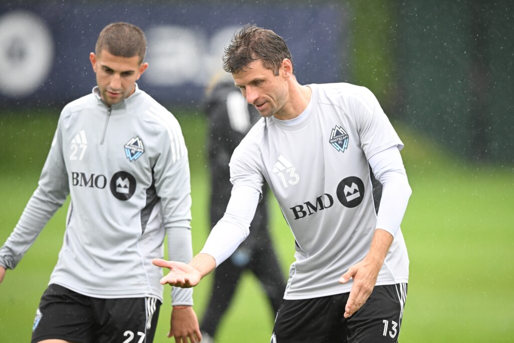 Aug 15, 2025; Vancouver, British Columbia, CAN; Vancouver Whitecaps FC midfielder Thomas Muller (13) practices during for the first training session with the team at National Soccer Development Centre at the University of British Columbia. Mandatory Credit: Anne-Marie Sorvin-Imagn Images