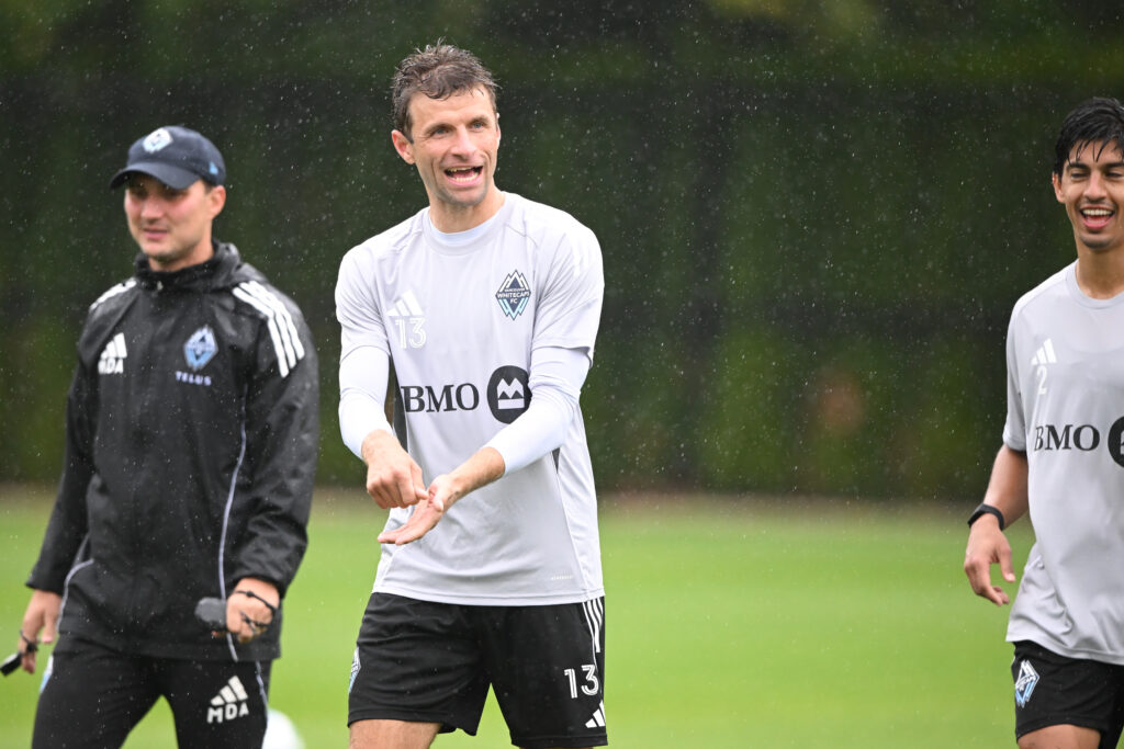 Aug 15, 2025; Vancouver, British Columbia, CAN; Vancouver Whitecaps FC midfielder Thomas Muller (13) practices during for the first training session with the team at National Soccer Development Centre at the University of British Columbia. Mandatory Credit: Anne-Marie Sorvin-Imagn Images