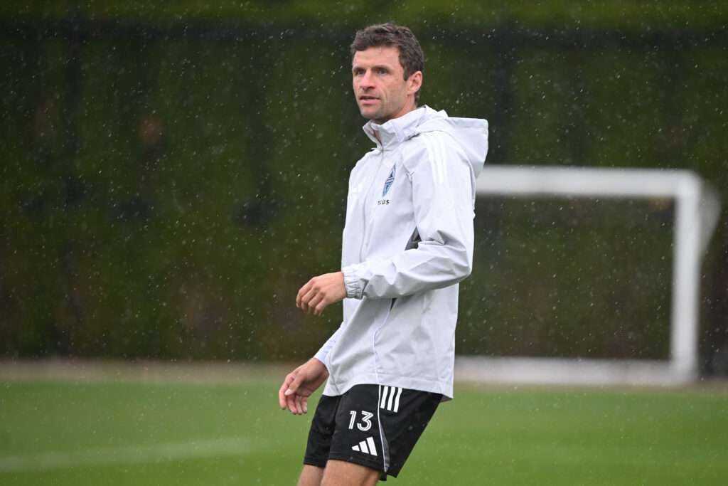 Aug 15, 2025; Vancouver, British Columbia, CAN; Vancouver Whitecaps FC midfielder Thomas Muller (13) practices during for the first training session with the team at National Soccer Development Centre at the University of British Columbia. Mandatory Credit: Anne-Marie Sorvin-Imagn Images