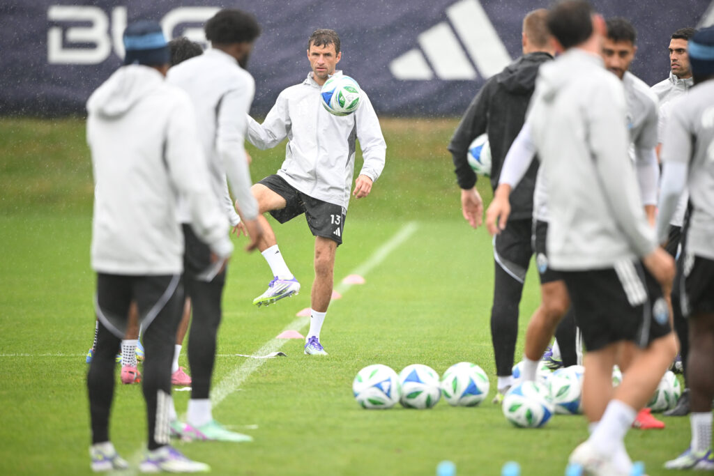 Aug 15, 2025; Vancouver, British Columbia, CAN; Vancouver Whitecaps FC midfielder Thomas Muller (13) practices during for the first training session with the team at National Soccer Development Centre at the University of British Columbia. Mandatory Credit: Anne-Marie Sorvin-Imagn Images