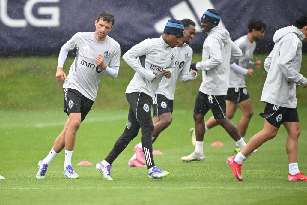 Aug 15, 2025; Vancouver, British Columbia, CAN; Vancouver Whitecaps FC midfielder Thomas Muller (13) practices during for the first training session with the team at National Soccer Development Centre at the University of British Columbia. Mandatory Credit: Anne-Marie Sorvin-Imagn Images