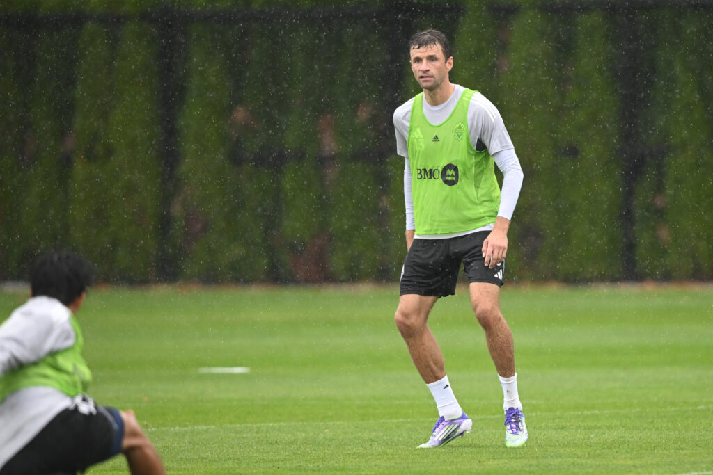 Aug 15, 2025; Vancouver, British Columbia, CAN; Vancouver Whitecaps FC midfielder Thomas Muller (13) practices during for the first training session with the team at National Soccer Development Centre at the University of British Columbia. Mandatory Credit: Anne-Marie Sorvin-Imagn Images