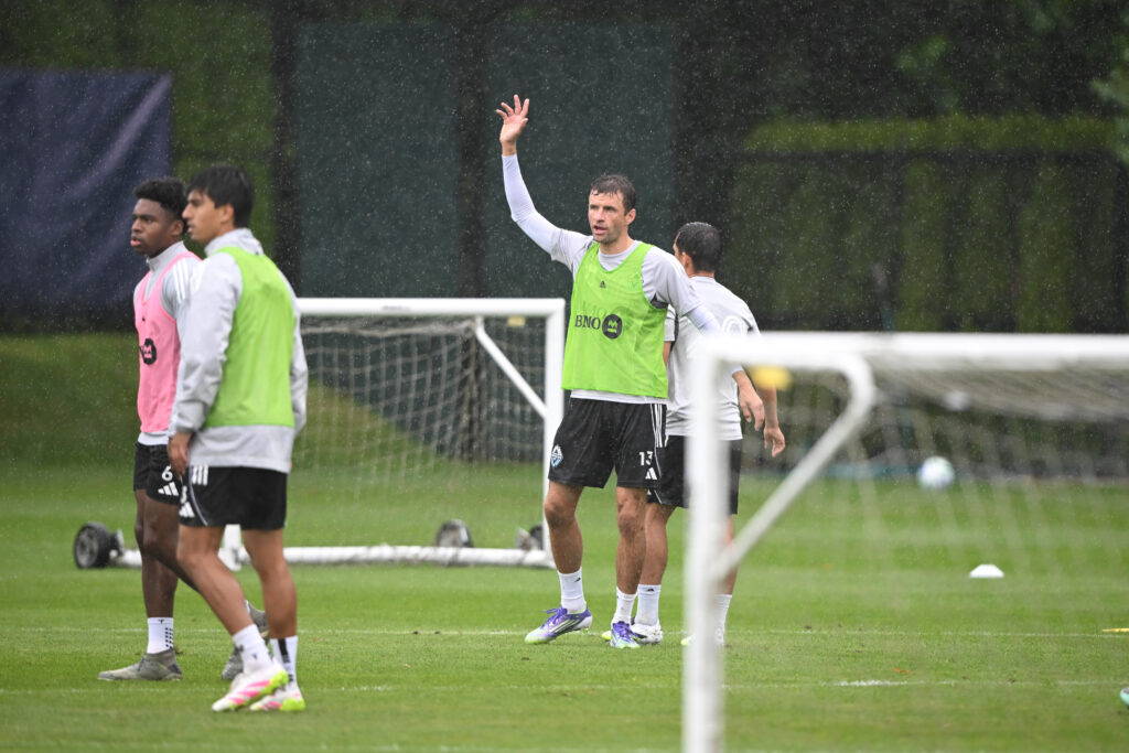 Aug 15, 2025; Vancouver, British Columbia, CAN; Vancouver Whitecaps FC midfielder Thomas Muller (13) practices during for the first training session with the team at National Soccer Development Centre at the University of British Columbia. Mandatory Credit: Anne-Marie Sorvin-Imagn Images