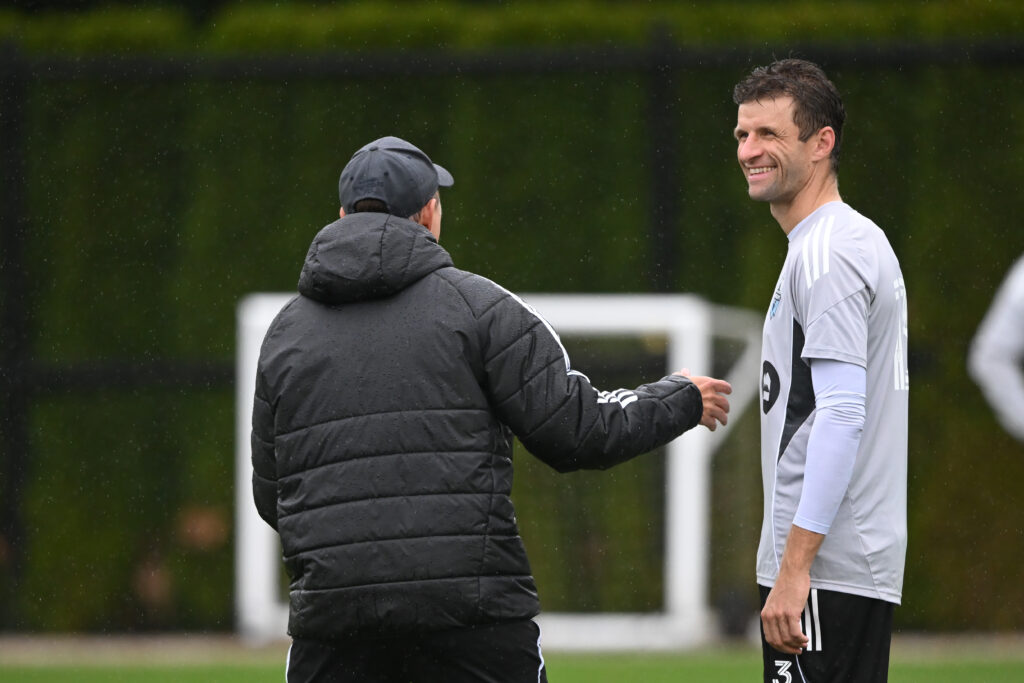 Aug 15, 2025; Vancouver, British Columbia, CAN; Vancouver Whitecaps FC midfielder Thomas Muller (13) practices during for the first training session with the team at National Soccer Development Centre at the University of British Columbia. Mandatory Credit: Anne-Marie Sorvin-Imagn Images